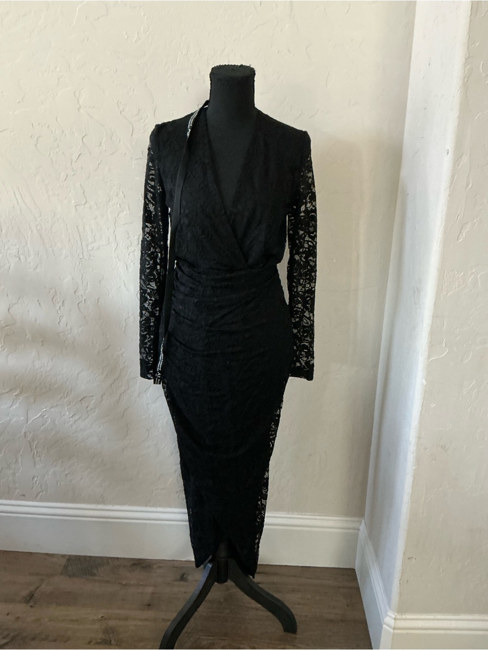 AX Paris Black Long Sleeve Lace Wrap Midi Dress